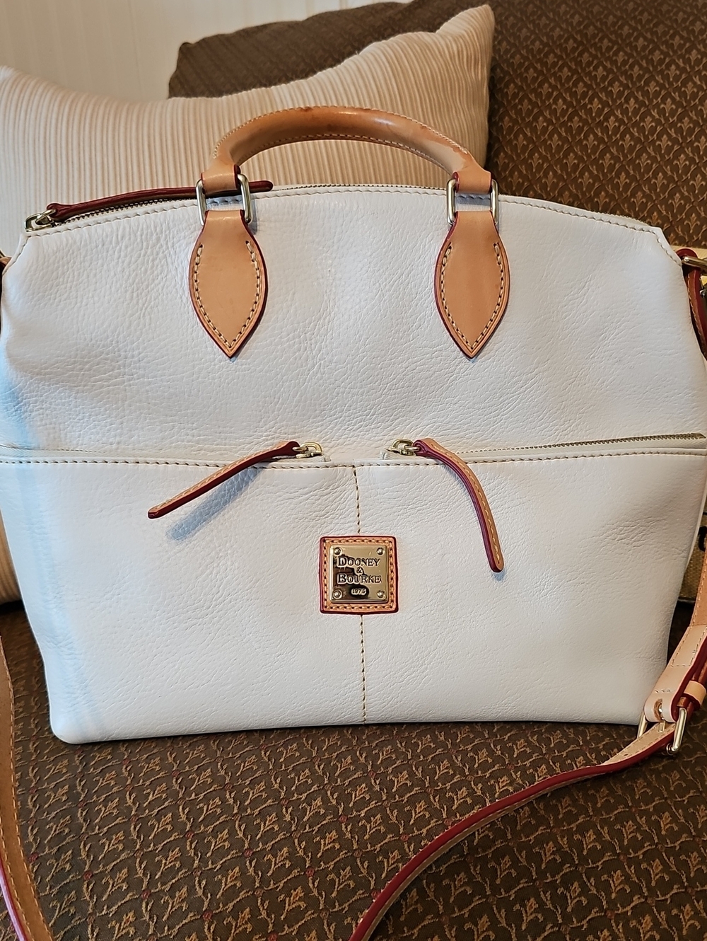 Dooney & Bourke White Leather Satchel with Tan Trim and Red Accents